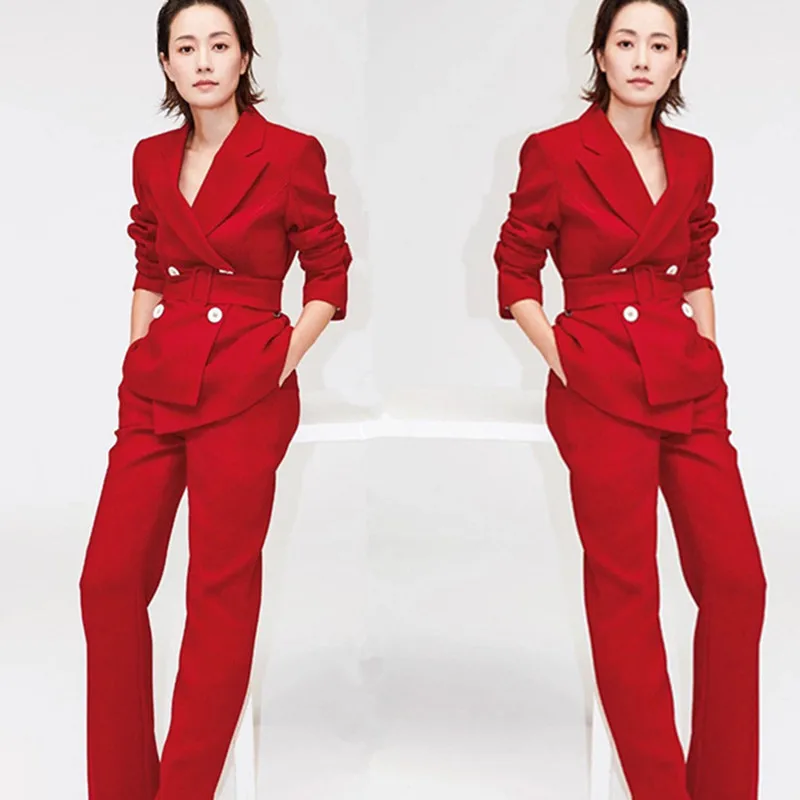 Star with the same paragraph spring and autumn and winter new fashion casual red suit wide leg pants suit suit two-piece AL453