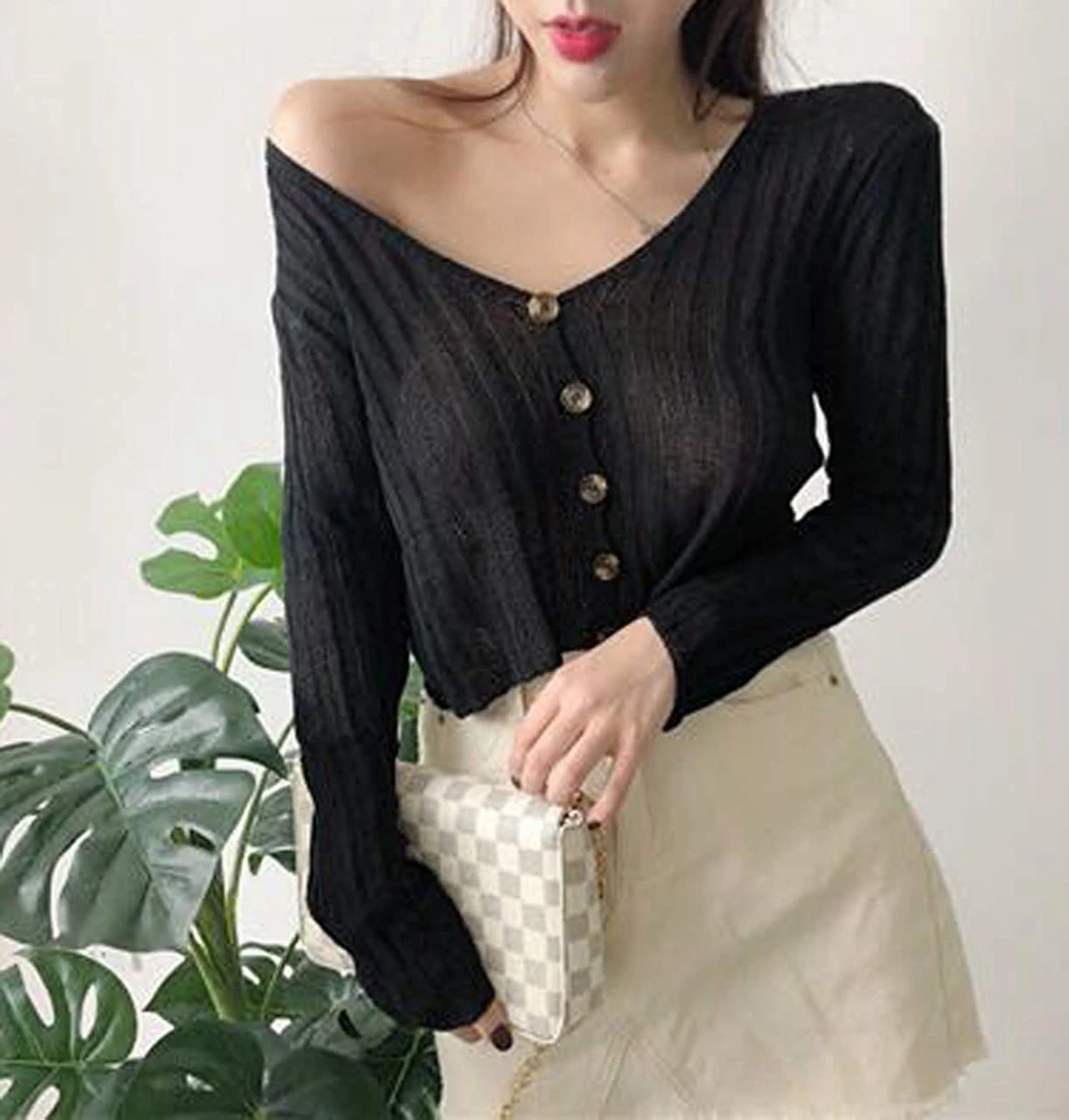 Sexy V-Neck Women Crop Tops Knitted Cardigan 2019 Summer Autumn Loose Button Thin Sweater Long Sleeve Elastic Cardigans Jacket |