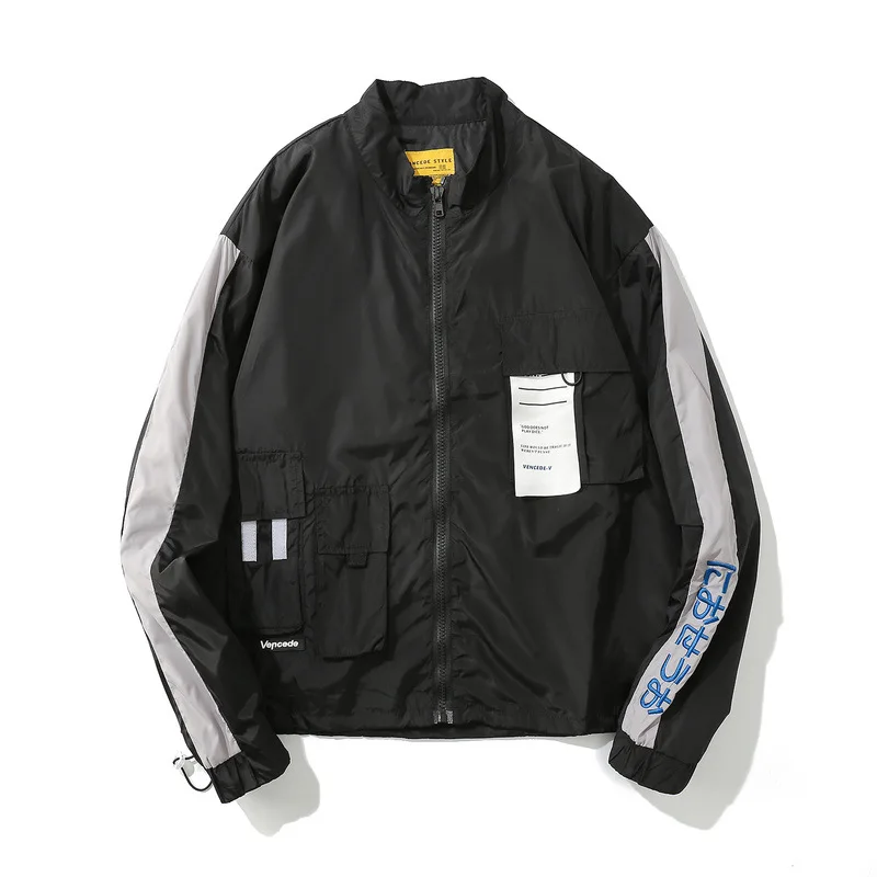 Мужская повседневная куртка на молнии тонкая с вышивкой и карманами в японском