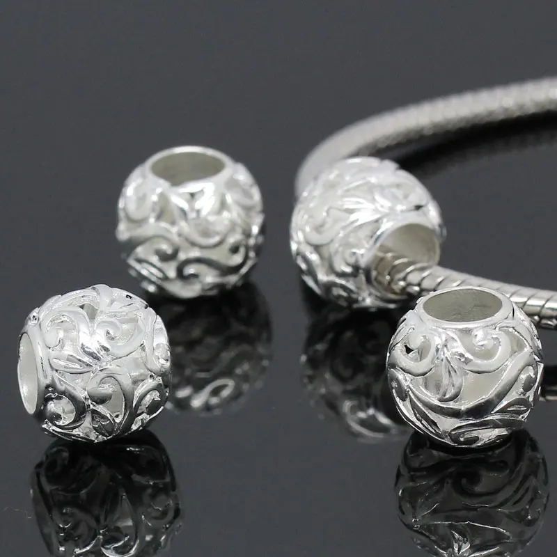 Круглые Медные шарики DoreenBeads серебристые с резным узором диаметр 12 мм отверстие 5