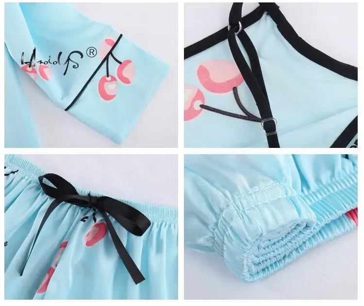 Stripe Printing Women's 7 Pieces Pajamas Sets Emulation Silk Satin Pajamas Women Sleepwear Sets Spring Summer Autumn Homewear