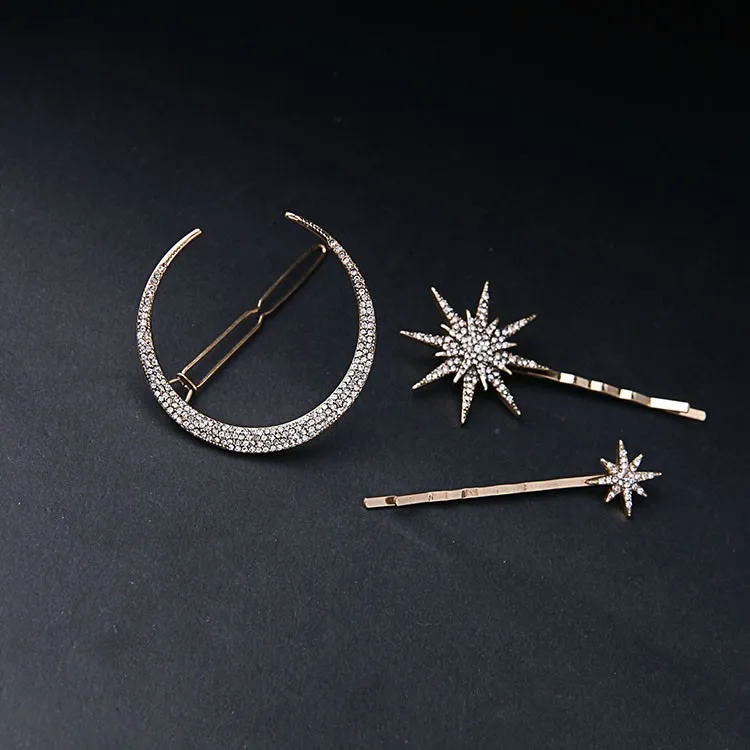 3 pcs as set Morkopela, стразы, заколка для волос, Ретро стиль, для женщин, заколка для волос, луна, звезда, заколки для волос, аксессуары, свадебные украшения для волос - Окраска металла: 3 pcs as set