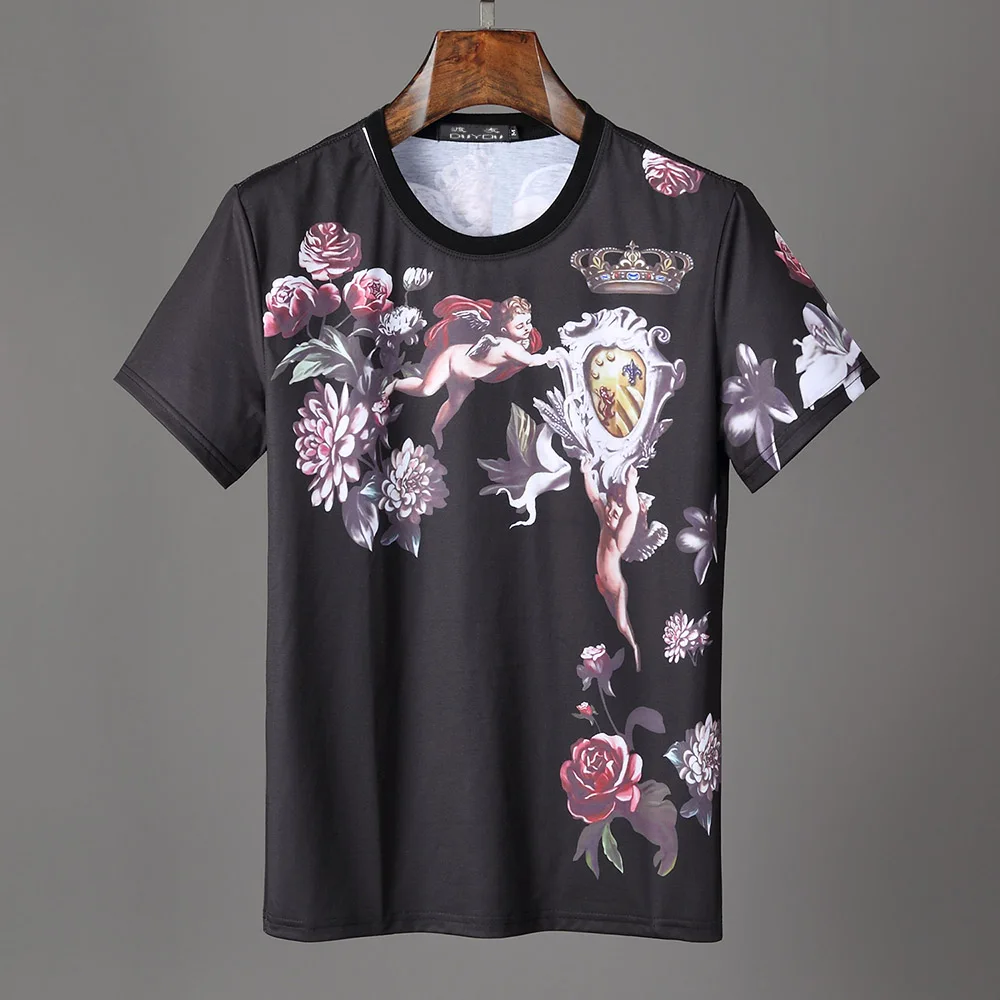 

DUYOU Mens T shirt Brand Clothing Fashion Crown Angel Flower Printed T-shirt Cotton Stretch Tshirt Men