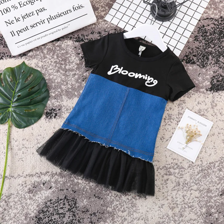 Girls summer 2018 new net yarn stitching girls cotton denim dress girl princess | Детская одежда и обувь