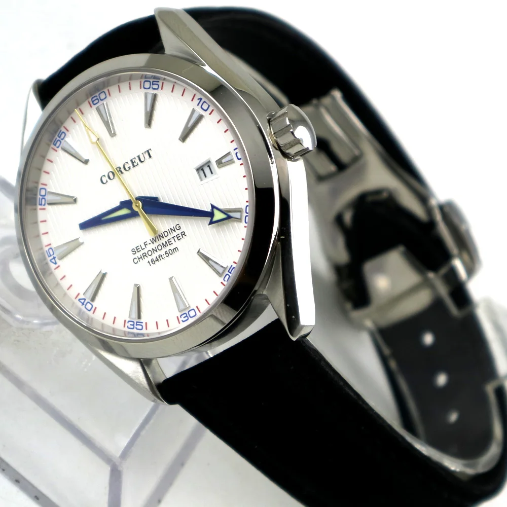 Полированные мужские часы 41 мм белый циферблат сапфировое стекло автоматические