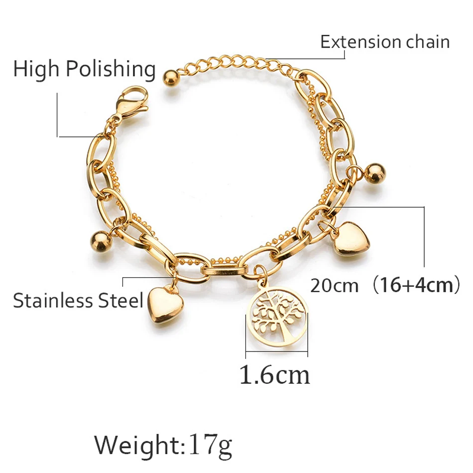 YSJD Древо жизни Нержавеющая сталь браслет для Для женщин золото Цвет Сердце Любви