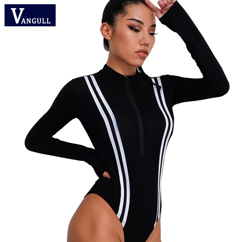 VANGULL Women Sexy Black Stripped Bodycon Bodysuit Spring Autumn Long Sleeve Bodysuits Front Zipper One Piece Romper Jumpsuits | Женская