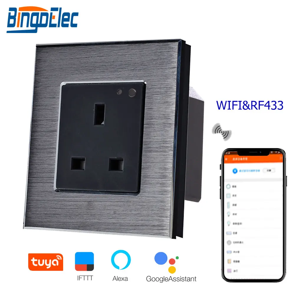 Bingoelec UK standard 13A wifi розетка алюминиевая рама Беспроводная настенная розетка с RF 433 умный дом автоматизация управление по телефону