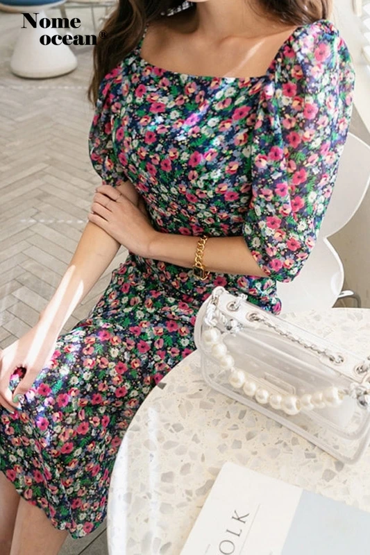 Модные Цветочный принт платье миди с застежкой молнией на спине двухсторонняя