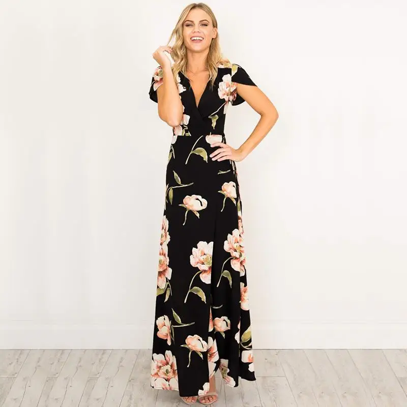 

Women Retro Black Dresses V-Neck Maxi Dress Floral Printed Party Dress Mother Of Bride Dresses Female Vestidos WS647C