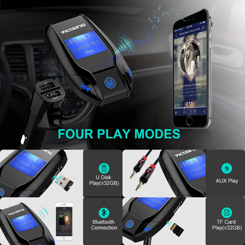 2019 Victsing Bluetooth fm передатчик беспроводной автомобильный музыкальный адаптер 3 usb