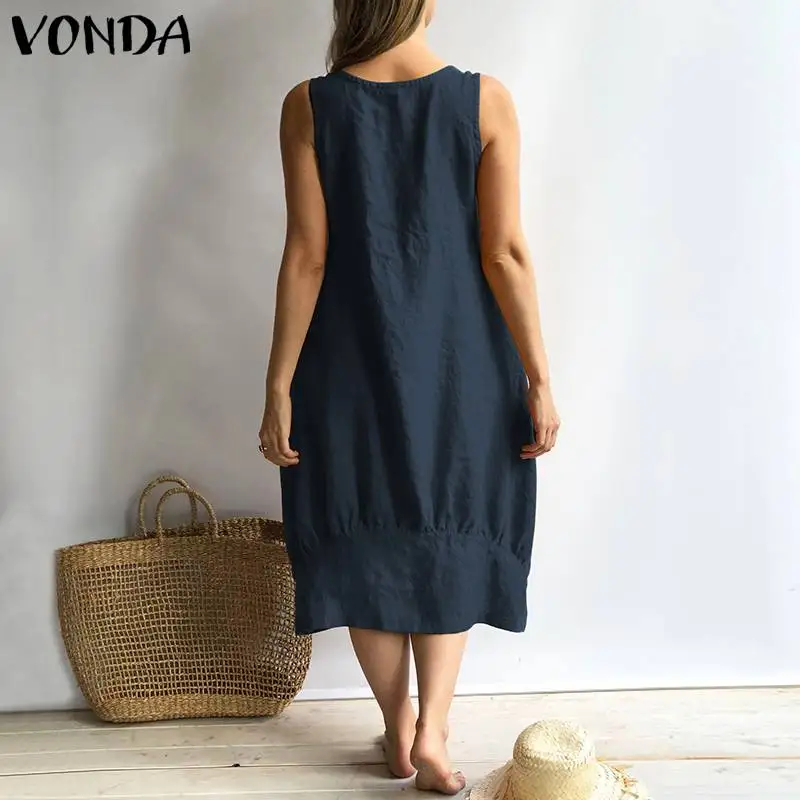 Женское платье VONDA летние сексуальные хлопковые платья без рукавов с квадратным вырезом до середины икры повседневные свободные винтажные платья размера плюс Vestidos