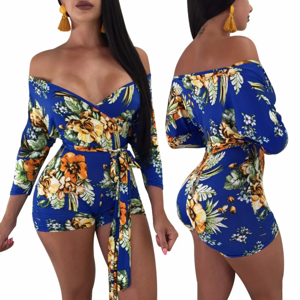 Для женщин короткие комбинезоны Цветочный принт Bodycon комбинезон клуб вечерние отпуск короткий рукав комбинезон Sexy v-образным вырезом бинты Комбинезоны