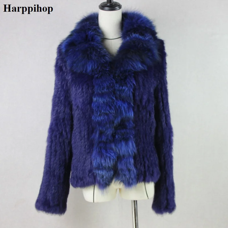 Женское зимнее трикотажное пальто с воротником из лисьего меха|real rabbit fur coat|genuine