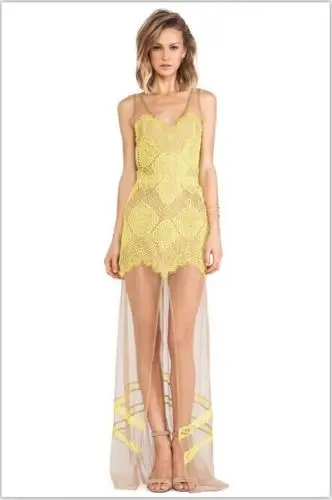 Free Shipping!! New 2014 Luxury Antigua women Sexy V Neck Sleeveless Contrast Lace Maxi Dress Party Nude Yellow/Black S M L#879 | Женская