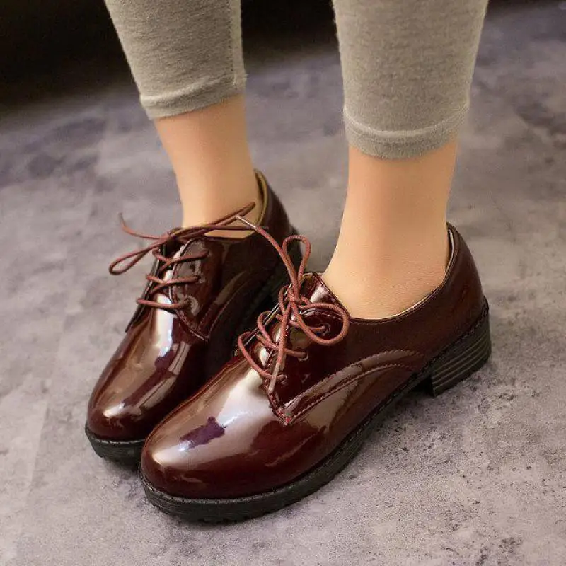 2017 Осень Новый стиль яркий кожаный круглая голова Кружево обувь для учащихся