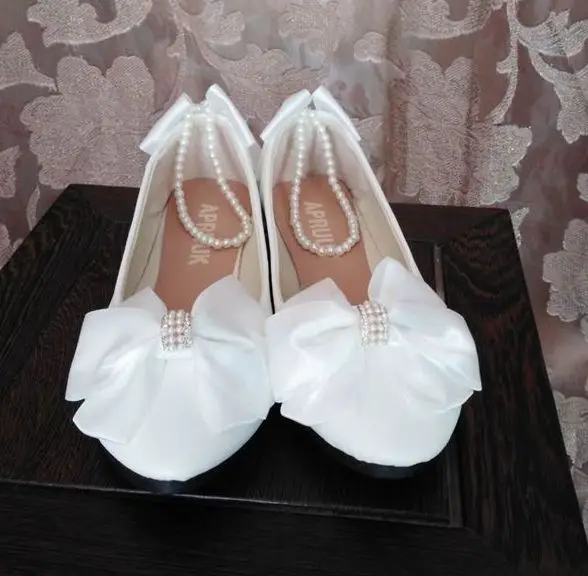 

White Satin Bow Wedding Shoes Woman Handmade Sweet Romantic Ankle Beading Strap Brides Bridal wedding Shoes