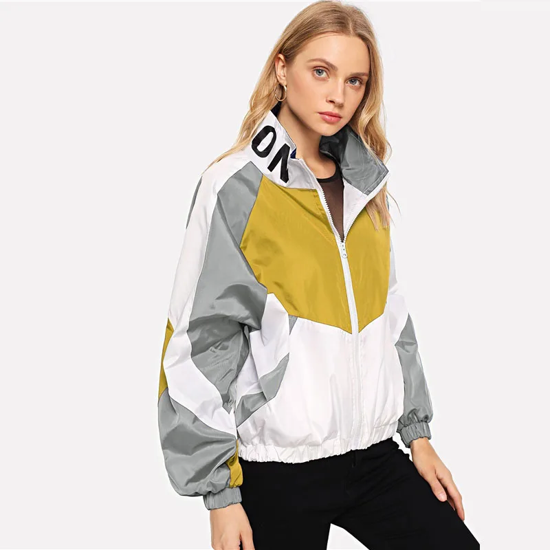 SweatyRocks куртка на молнии с буквенным принтом и цветными блоками, спортивная одежда, осенняя куртка-бомбер со стоячим воротником, женские осенние повседневные пальто