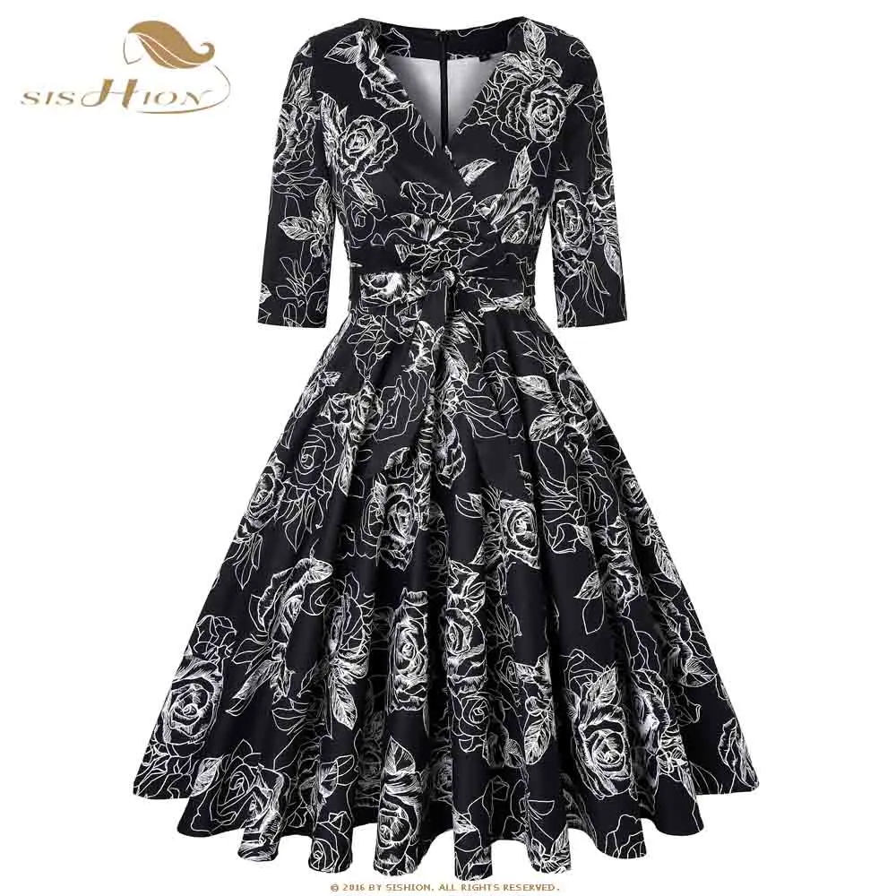 SISHION Cotton Elegant Black Floral Dress Women Autumn Half Sleeve Ladies Large Swing 50s Retro Vintage Winter Dress SD0006