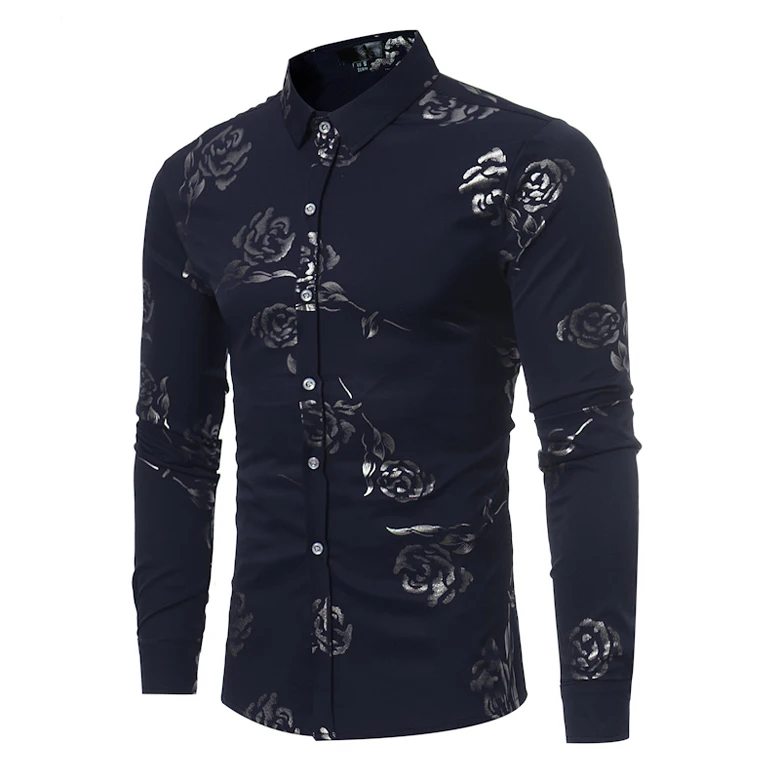 Navy Blue Новинка, мужская рубашка с цветочным принтом, приталенная, Chemise Homme,, роскошная, брендовая, с принтом розы, Мужская одежда, рубашки, Camisa Social Masculina - Цвет: Navy Blue