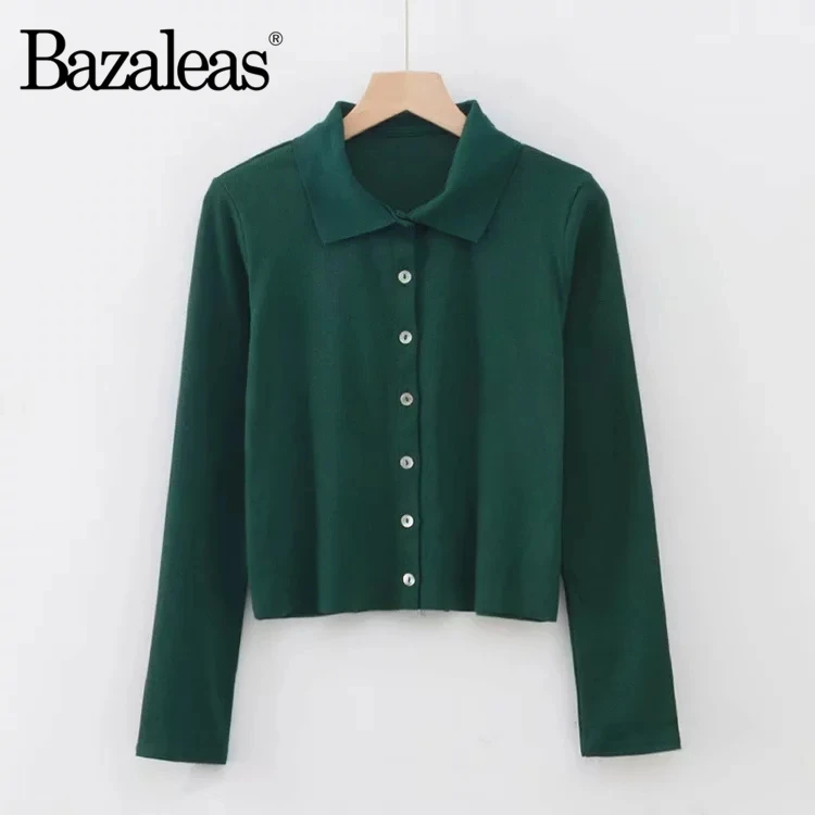 DW2619 green Bazaleas, модные топы Харадзюку с пуговицами, повседневная трикотажная женская футболка с длинным рукавом, женская футболка с отложным воротником, Прямая поставка - Цвет: DW2619 green