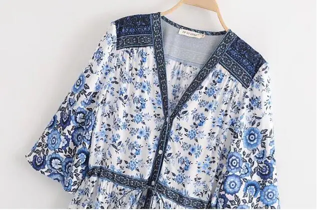 BOHO Deep V neck Open Buttons Blue white Floral Print Dress 2018 Ethnic Woman Half Sleeve Swing Maxi Long Dresses | Женская одежда