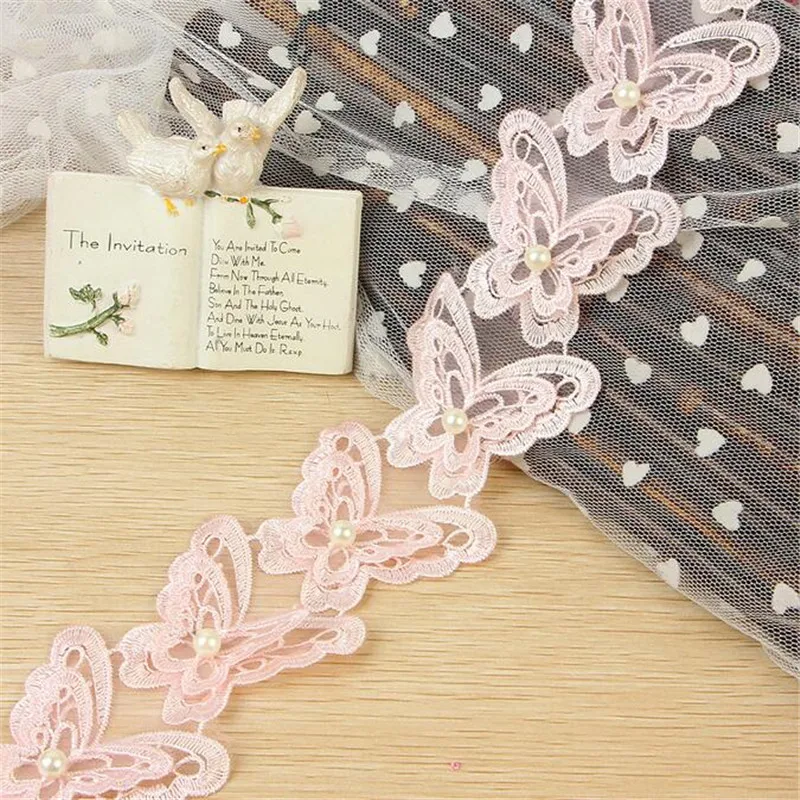 20Yard Beautiful 5Colors 3D Pearl Butterfly Embroidery Lace Applique Flower Sewing Trims DIY Craft 6.5cm LC0079 | Дом и сад