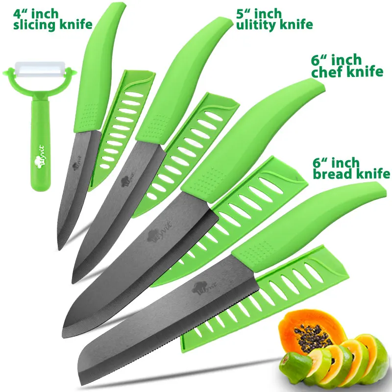 4566BREAD INCH GREEN Керамический кухонный нож 3, 4, 5, 6 дюймов, зубчатый нож для хлеба+ Овощечистка, набор черного циркониевого лезвия, ножи для приготовления фруктов, набор для резки - Цвет: 4566BREAD INCH GREEN