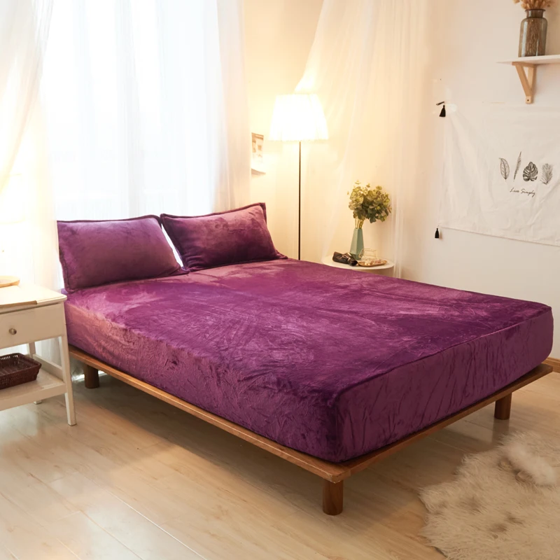 3Pcs Lavender Solid Color Polyester Flannel Fabric Solid Fitted Sheet Mattress Cover Four Corners With Elastic Band Bed Sheet