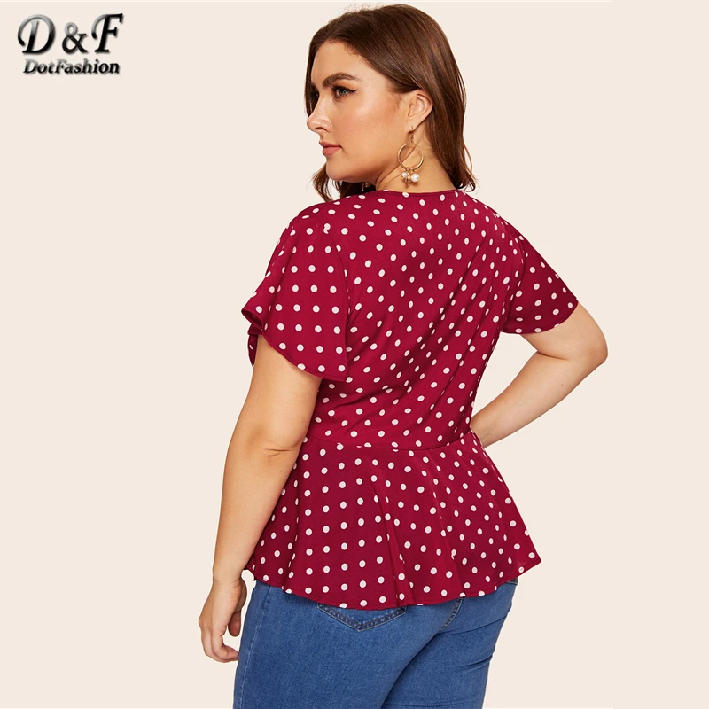 Dotfashion/женская блузка в горошек с узлом спереди; сезон лето ; Boho; глубокий v-образный вырез; одежда с короткими рукавами; женские модные топы