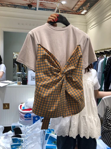 coffee t shirt Korobov Винтаж плед шнуровка лук Корейская футболка женский короткий рукав лоскутное элегантный для женщин новые летние футболки 78085 - Цвет: coffee t shirt