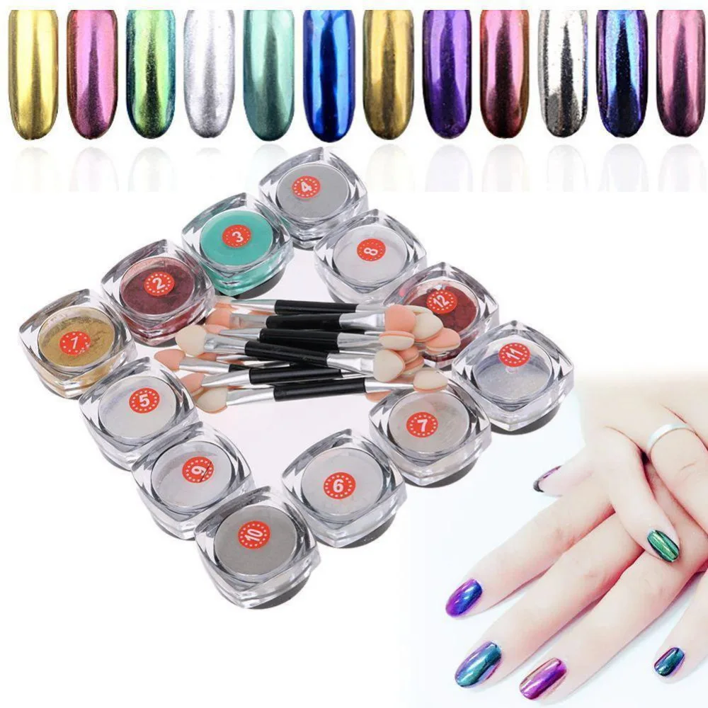 12 коробок для дизайна ногтей зеркальный пигмент порошок + шт кисть блестящий