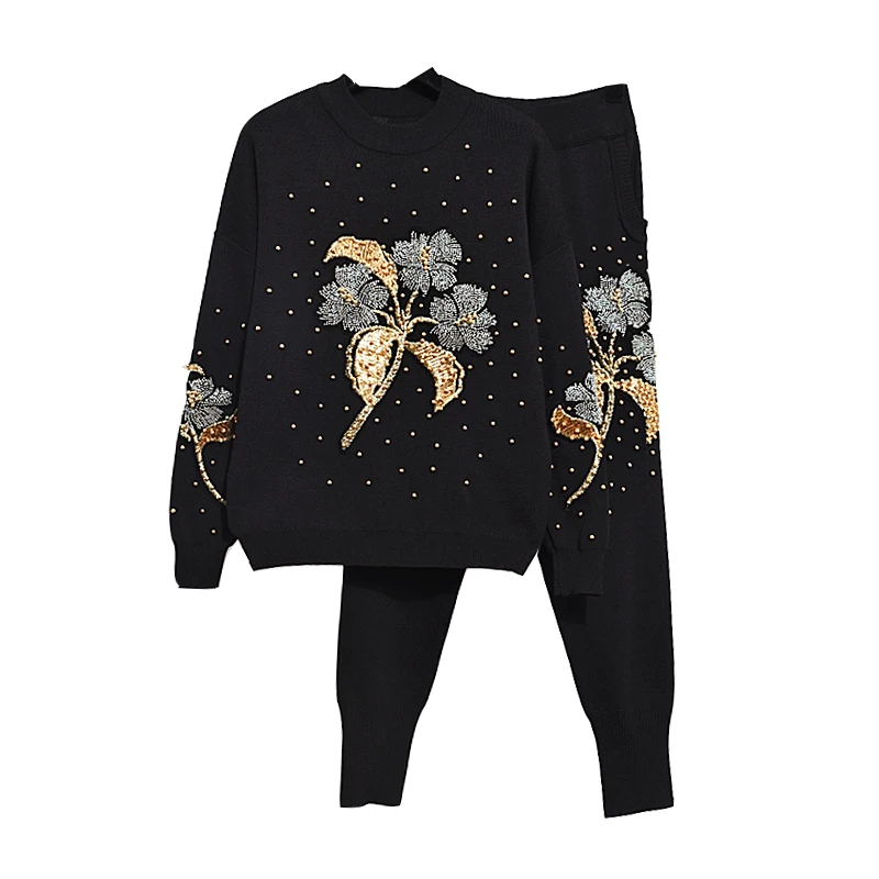 Great quality beading knit suits female heavy industry beading flowers long sleeve sweater + pants two pieces sets wq1730