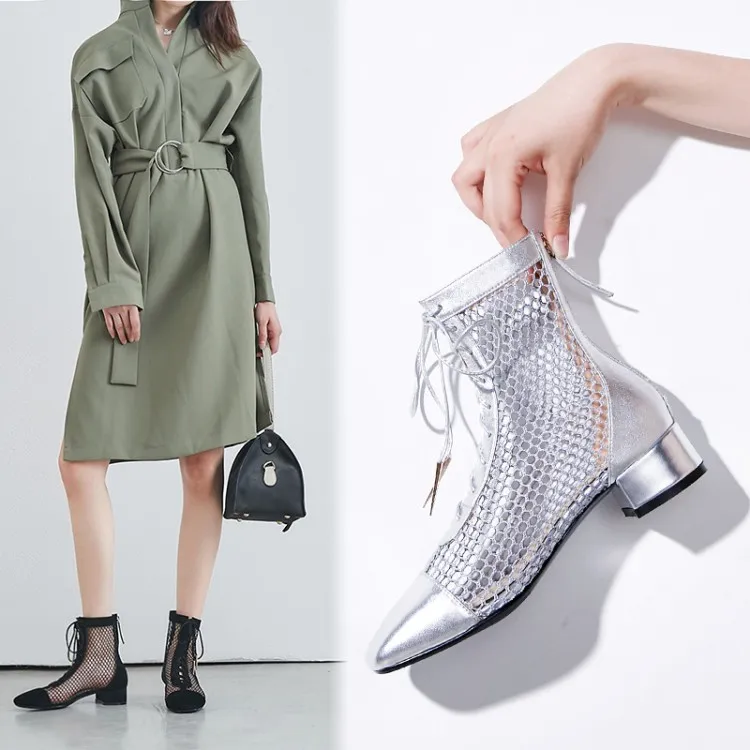 Ботинки женские сетчатые замшевые ботильоны с острым носком дышащая модная