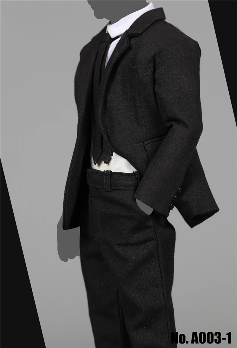 Мужской черный костюм 1/6 пальто брюки рубашка обувь узкие плечи для 12 дюймов Bodeis |