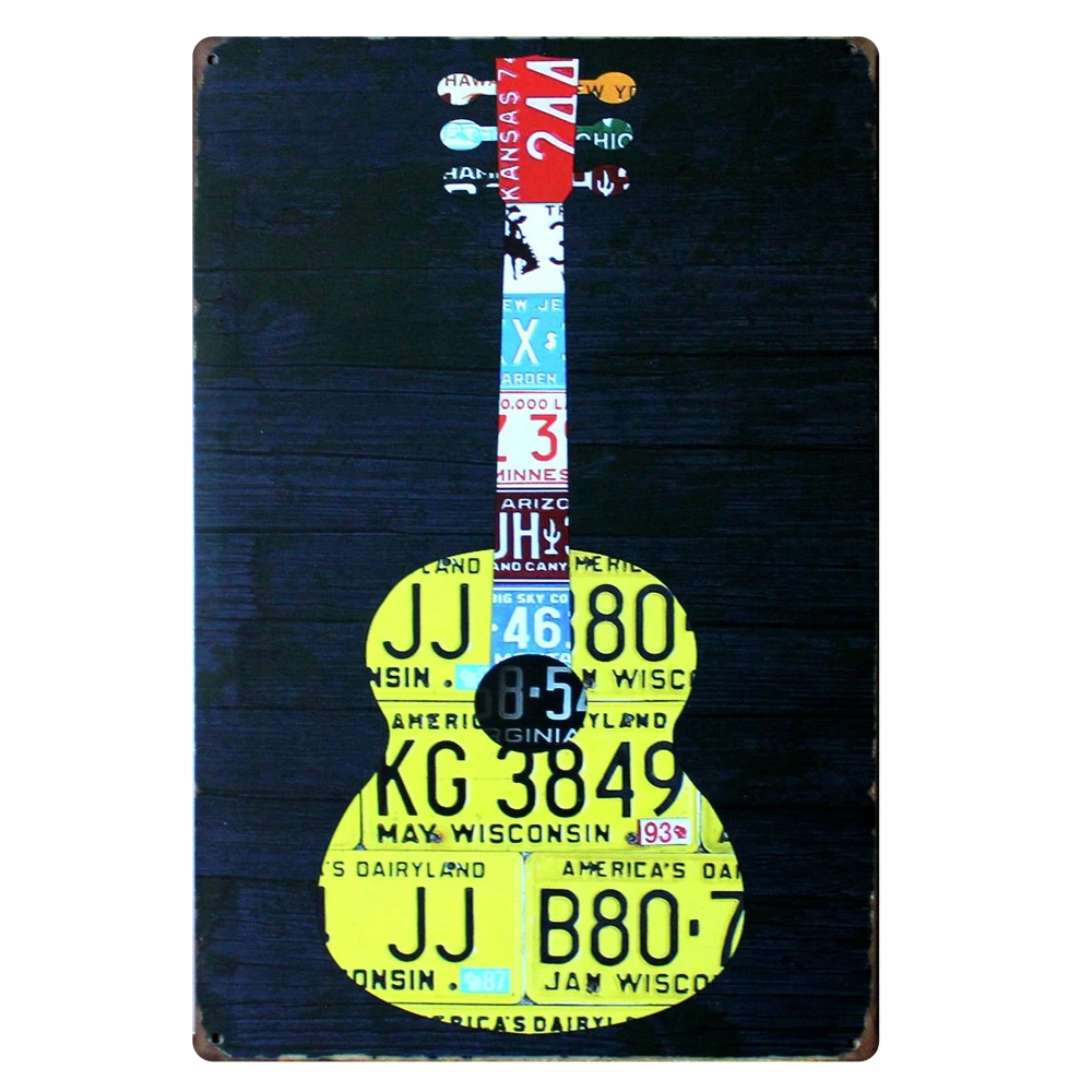

[ Mike86 ] Yellow License Plates Guitar Vintage Metal Plaque Room Decor Antique Wall art Sign Craft 20*30 CM Mix Items B-318