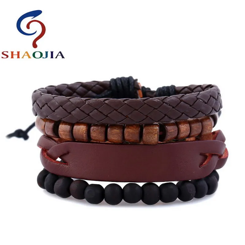 Кожаный браслет SHAOJIA 4 шт./компл. мужской в стиле панк с искусственными