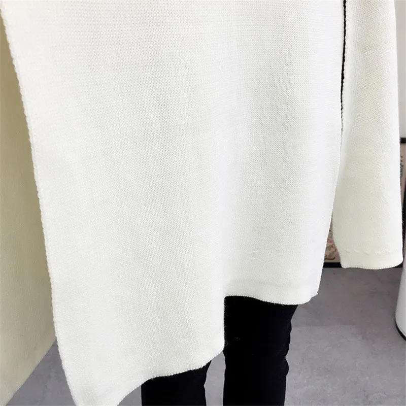 Женский длинный вязаный шерстяной свитер белый или черный свободный пончо и