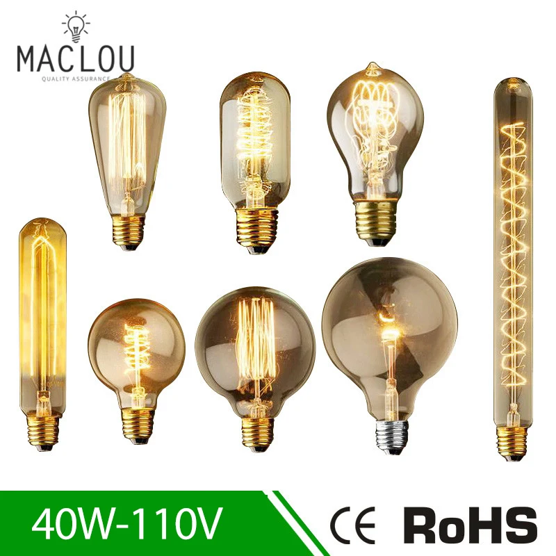 Винтажная лампочка G95 ST64 Эдисона E27 40W 110V Ampoule теплый белый свет нить накаливания