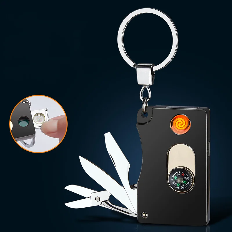 Металлический многофункциональный брелок зажигалка для ключей нож USB зарядка