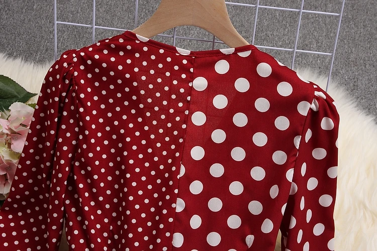 Женское винтажное платье в горошек ALPHALMODA лоскутное с длинными рукавами и поясом