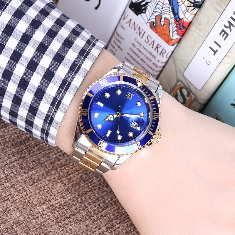 Silver Gold blue Стальные мужские 30 м ролевые спортивные подарки для пары мужские wo Мужские Женские наручные часы для влюбленных браслет Rolexable relogio masculino - Цвет: Silver Gold blue