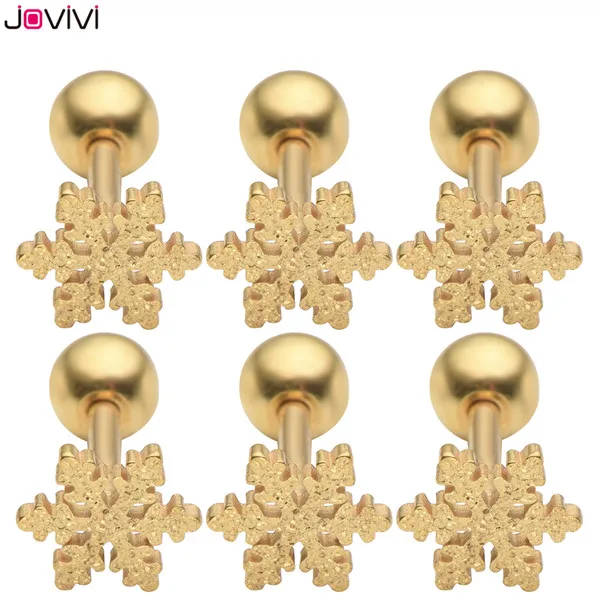 6pcs Gold JOVIVI Мода Снежинка из нержавеющей стали спиральный для хряща Козелок Уха серьги гвоздики 16Ga пирсинг ювелирные изделия серебро/золото цвет - Окраска металла: 6pcs Gold