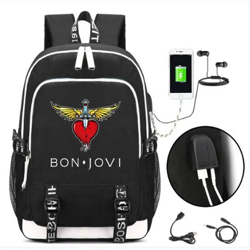 Style 1 Bon Jovi рюкзак, рюкзак w/USB модный порт и замок Подростковая школьная дорожная сумка для ноутбука - Цвет: Style 1