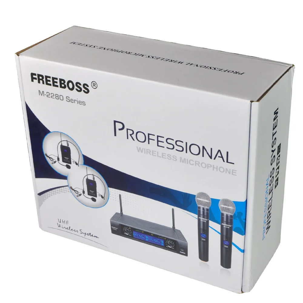 Freeboss M-2280, расстояние 50 м, 2 канала, гарнитура, микрофон, система караоке, вечерние, церковные, UHF, беспроводные микрофоны