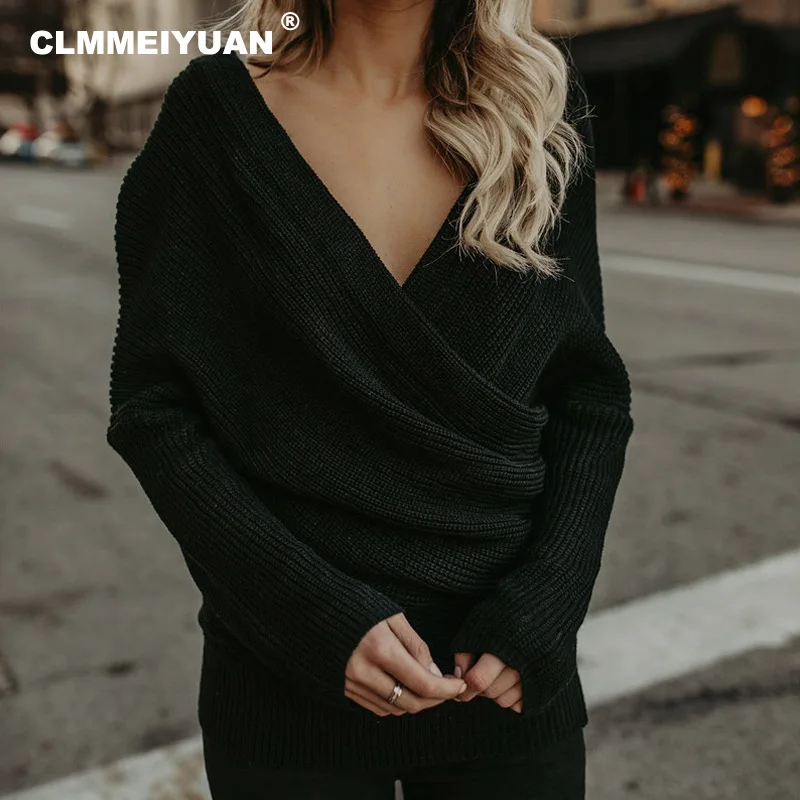 Сексуальный розовый пуловер с v-образным вырезом Осенний вязаный свитер 2018