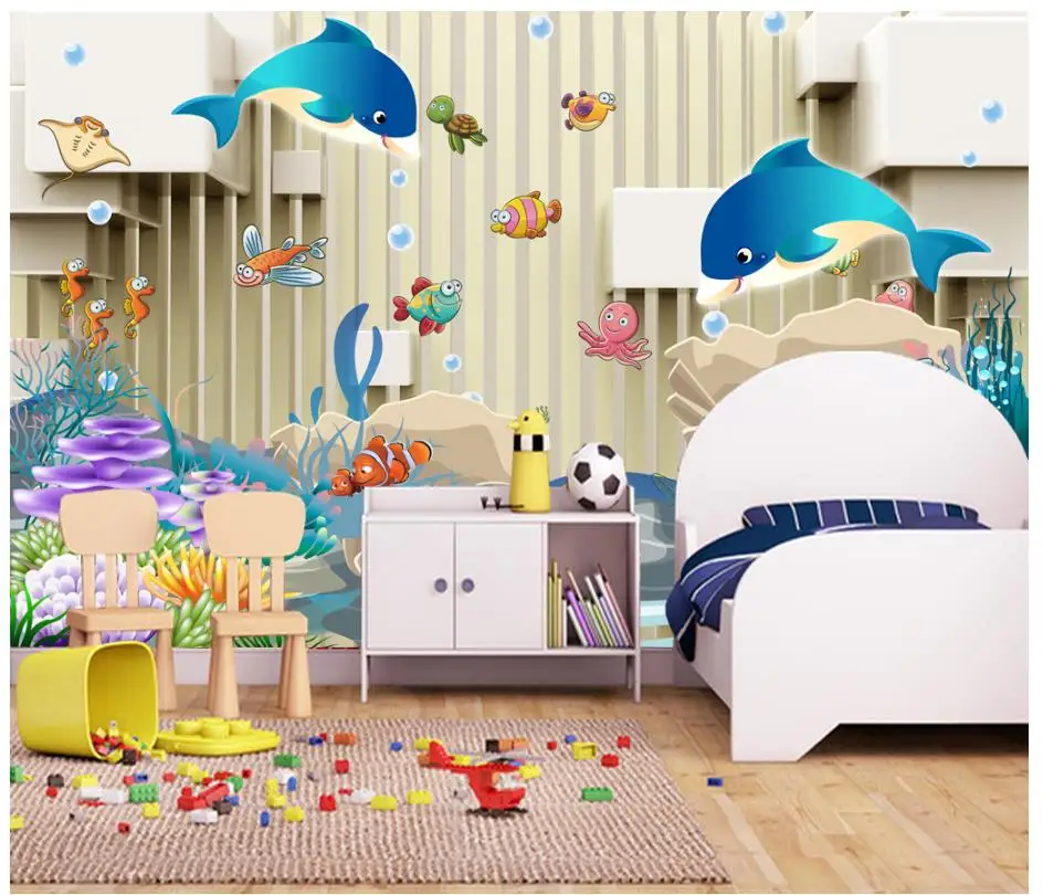 

Пользовательские фото обои 3d фрески обои мультфильм подводный мир дельфинов детская комната Детская комната роспись Декор