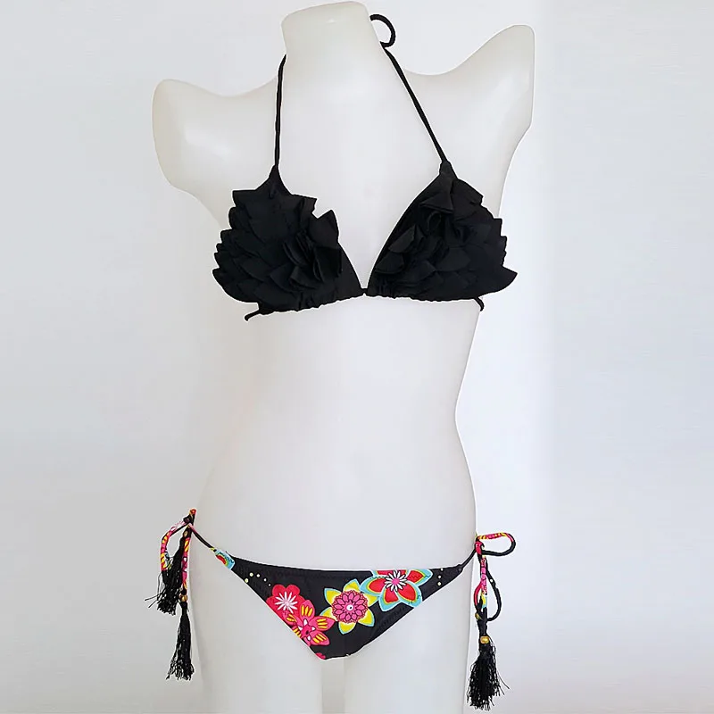 Европа Америка сложены цветок цифровой печати сексуальное бикини черный Холтер