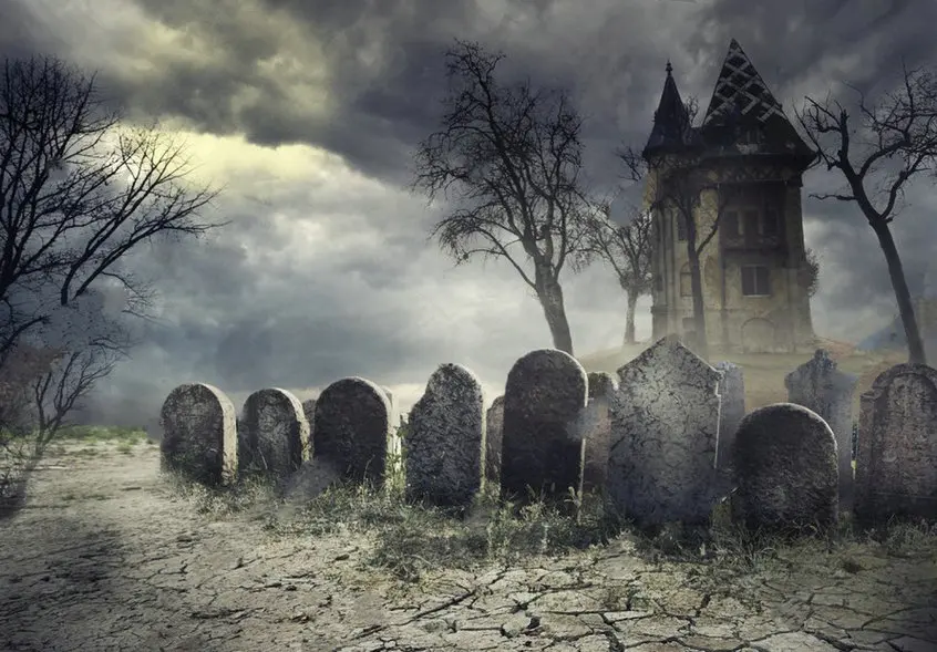 Фон для фотосъемки с изображением дома привидениями и ужасной кладбины на