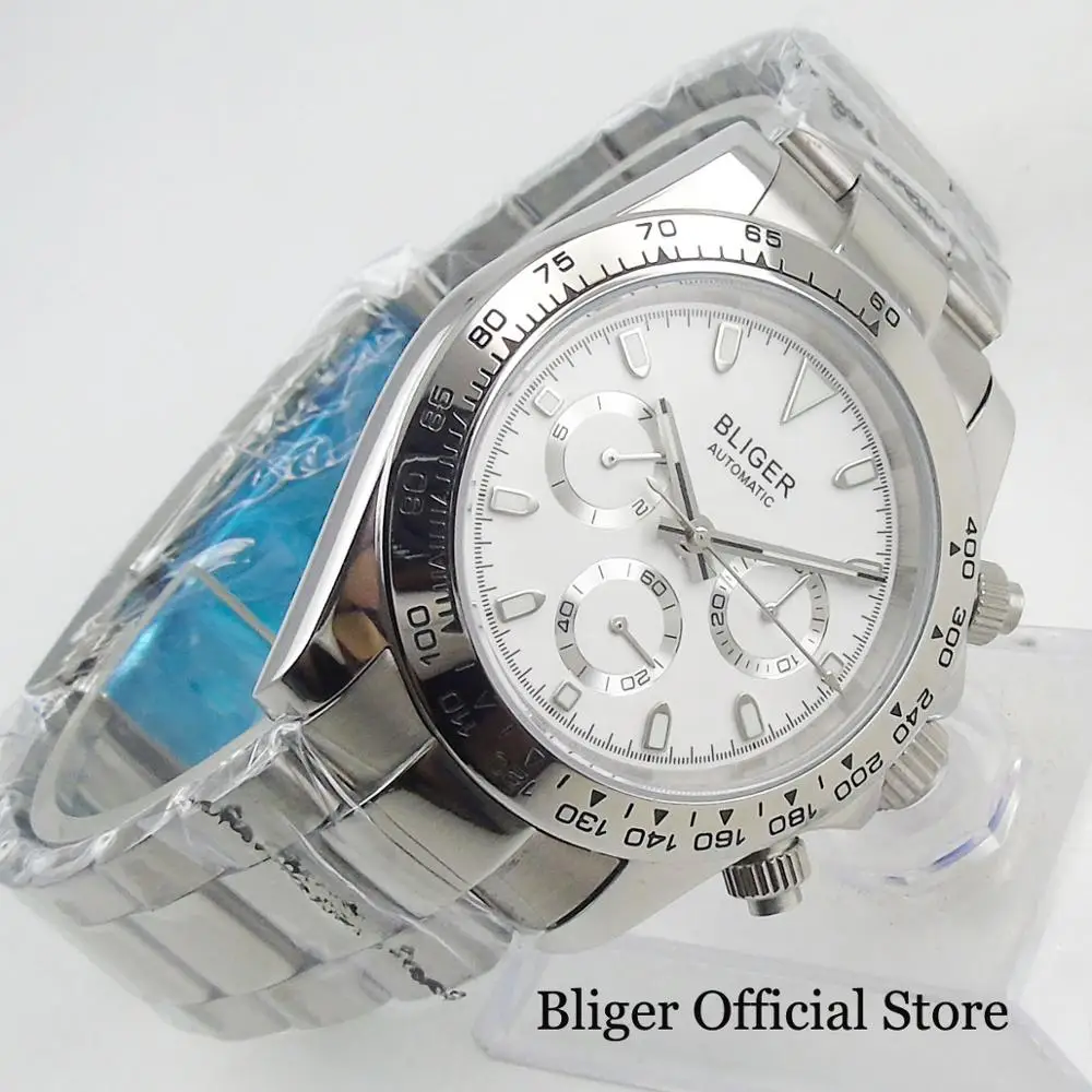 BLIGER Luxury 40mm White Dial Stainless Steel Bracelet Auto Date and Weekday Indicator